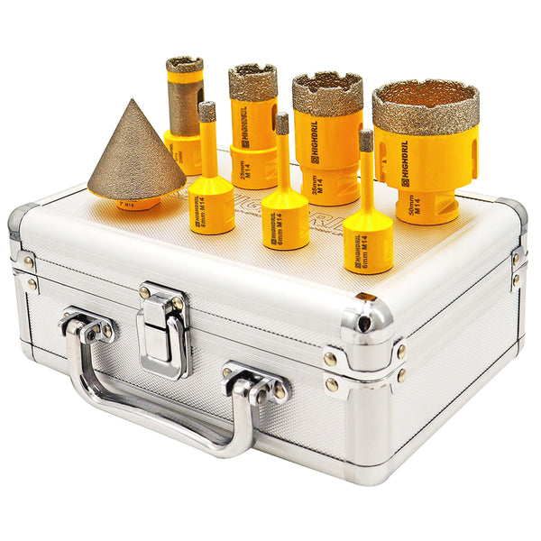 HIGHDRIL Diamond Core Bit 8pcs/Box 6/6/8/25/35/50mm Drill Bit+2" Chamfer Bit+Milling Finger Bit Porcelain Granite Marble Hole Saw M14 Thread