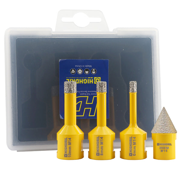HIGHDRIL Diamond Core Bit 4pcs/set Dia 6/8/10mm Drill Bit+20mm Chamfer Bit Marble Stone Porcelain Granite M14 Thread