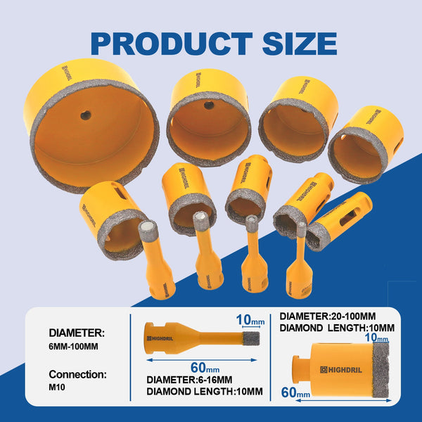 HIGHDRIL Diamond Vacuum Brazed U-groove Tooth Shape Drilling bits with M10 Thread for Ceramic Granite Marble Dia 6-100mm