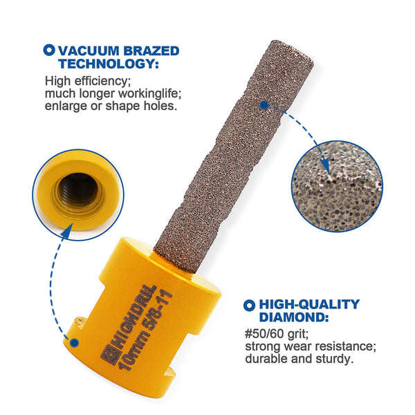 HIGHDRIL Vacuum Brazed Diamond Milling Bits with 5/8-11 or M14 Thread for Porcelain Ceramic Marble Granite 10/20/25/30/35mm