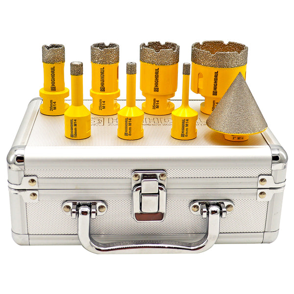 HIGHDRIL Diamond Drill Bits 8pcs/Box 6/8/10/20/25/35/50mm Core Bit+2" Chamfer Bit Porcelain Granite Marble Hole Saw M14 Thread