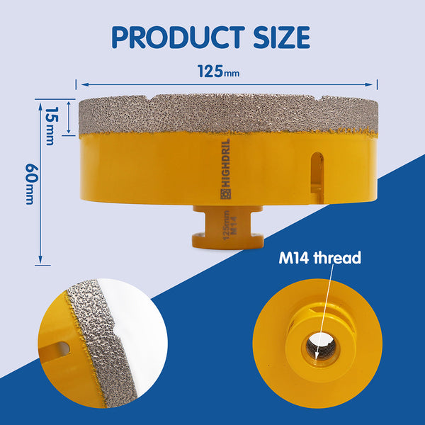 HIGHDRIL Diamond Vacuum Brazed U-groove Tooth Shape Drilling Bits with M14 Thread for Ceramic Granite Marble Stone Concrete Dia 6-125mm