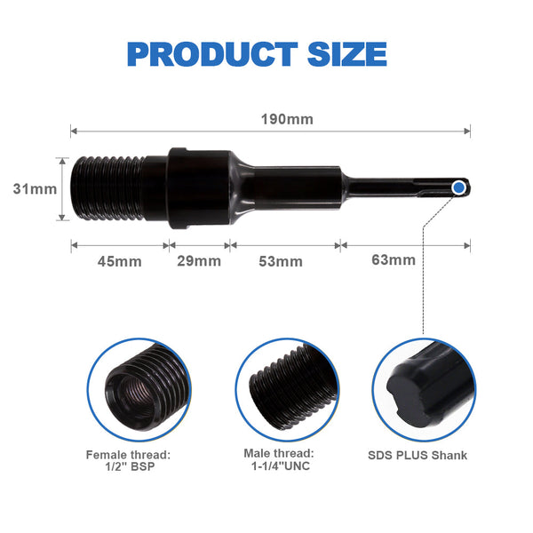 HIGHDRIL 1 1/4"-7 UNC Male Thread(Include 1/2 BSP Female Thread)to SDS PLUS Shank