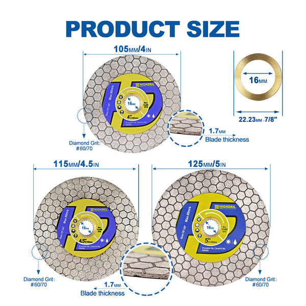 HIGHDRIL Dry Double-Side Diamond Cutting Grinding Blade for Ceramic Tile Marble Dia 4"/ 4.5''/5"