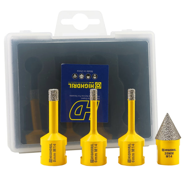 HIGHDRIL Diamond Core Bit 4pcs/set Dia 6/6/8mm Drill Bit+20mm Chamfer Bit Porcelain Granite Marble Stone M14 Thread