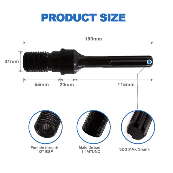 HIGHDRIL 1 1/4"-7 UNC Male Thread(Include 1/2 BSP Female Thread)to SDS MAX Shank