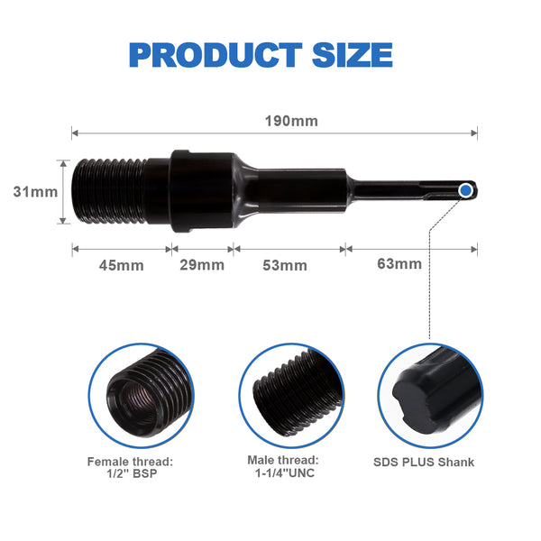 HIGHDRIL 1 1/4"-7 UNC Male Thread(Include 1/2 BSP Female Thread)to SDS PLUS Shank