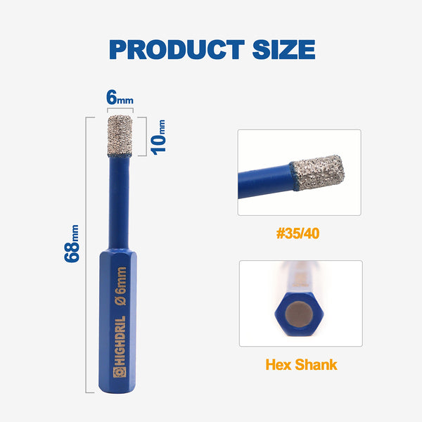 HIGHDRIL Diamond Vacuum Brazed Hexagon Shank Drill Bits for Granite Marble Masonry Hard Plastic Dia 6-38mm