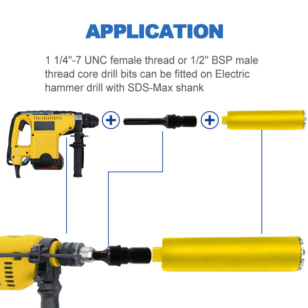 HIGHDRIL 1 1/4"-7 UNC Male Thread(Include 1/2 BSP Female Thread)to SDS MAX Shank