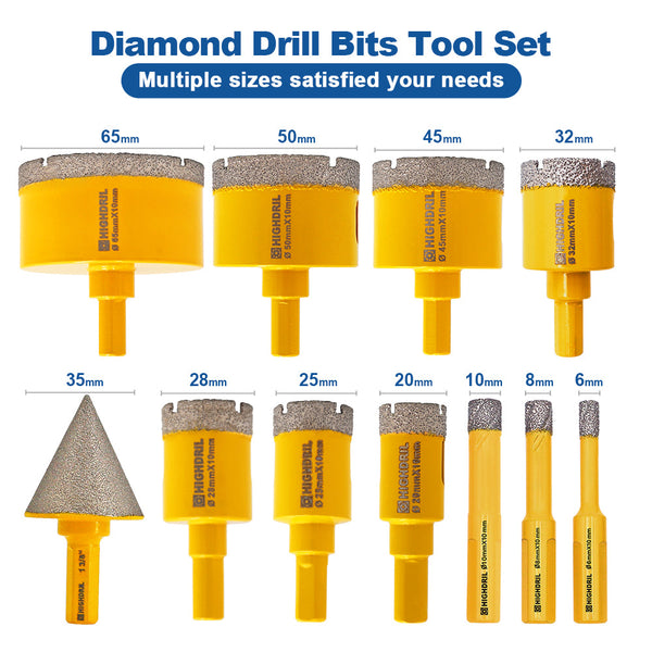 HIGHDRIL Diamond Drilling Bit 11pcs 6-65mm Core Bit+35mm Chamfer Granite Marble Vacuum Brazed Hole Saw Triangle Shank