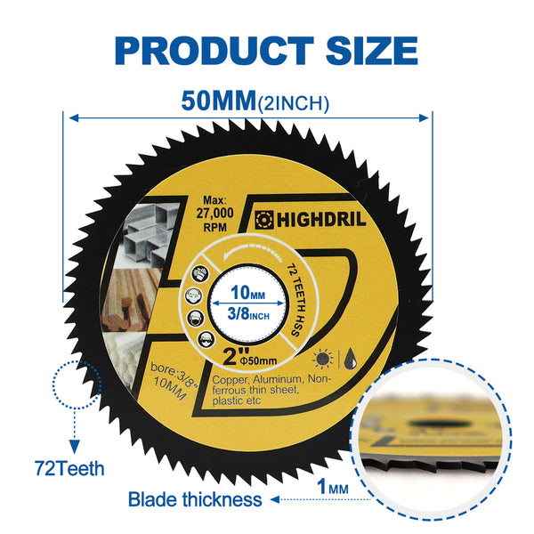 HIGHDRIL High Speed Metal Saw Blades Dia 2"/50mm for Soft Metal Copper Aluminium Wood Plastic Cutting Disc