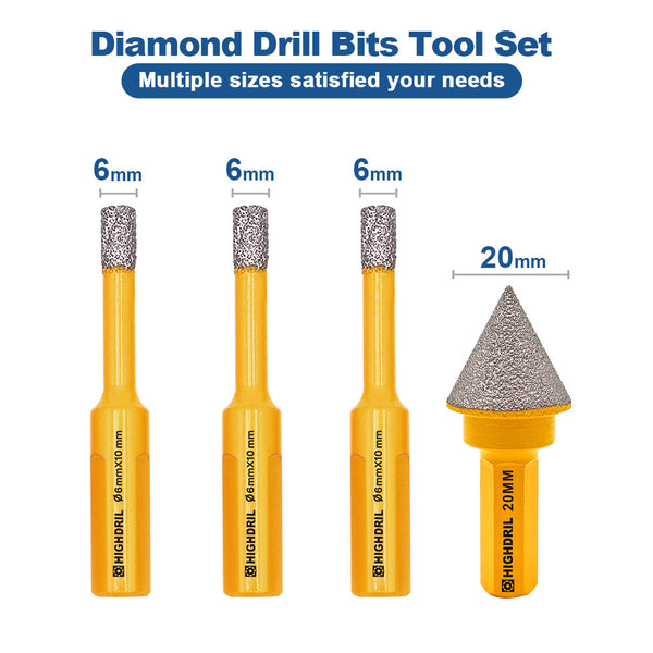 HIGHDRIL Diamond Core Bit 4pcs/box Dia 6/6/6mm+ 20mm Chamfer Bit for Granite Marble Porcelain Tile Vacuum Brazing Hole Saw