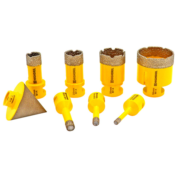 HIGHDRIL Diamond Drill Bits 8pcs/Box 6/8/10/20/25/35/50mm Core Bit+2" Chamfer Bit Porcelain Granite Marble Hole Saw M14 Thread