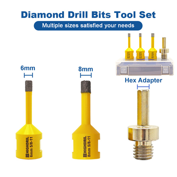 HIGHDRIL  Diamond Drill Bit Vacuum Brazed 1set/4pcs Dia 6/6/8mm Core Bits+Hex Adapter for Granite Marble Porcelain Tile 5/8"-11 Thread Hole Saw