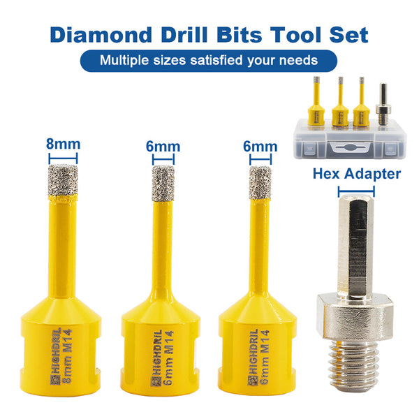 HIGHDRIL  Diamond Drill Bit 4pcs/box Dia 6/6/8mm Core Bit+Hex Shank Adapter For Granite Marble Porcelain Tile Stone M14 Thread