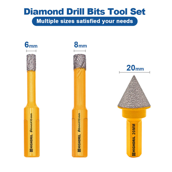 HIGHDRIL Diamond Core Bit 4pcs/box Dia 6/6/8mm Drill Bit+20mm Chamfer Bit Granite Marble Porcelain Tile Vacuum Brazing Hole Saw