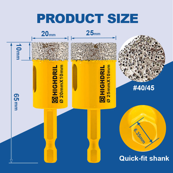 HIGHDRIL Diamond Drill Core Bits 1/2pcs 20/25mm Hole Saw for Ceramic Tile Granite Marble Hole Saw Quick-fit Shank