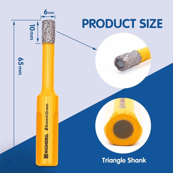 HIGHDRIL Diamond Vacuum Brazed Triangular Shank Drill Bits for Granite Marble Masonry Hard Plastic Glass Ceramic Dia 6/8/10mm