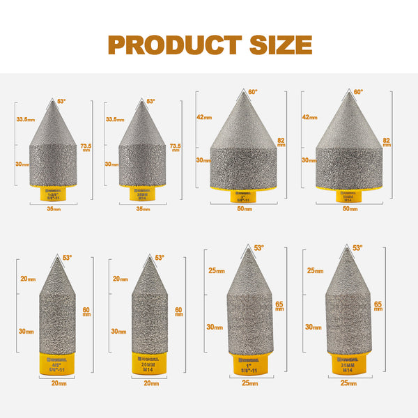 HIGHDRIL Diamond Chamfering Milling Finger Bits 5/8-11 or M14 Thread for Ceramic Porcelain Tile Granite Dia 20/25/35/50mm