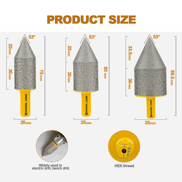 HIGHDRIL Diamond Chamfering Milling Finger Bits 1/2pcs 20/25/35mm Marble Granite Porcelain Tile Ceramic Hole Saw with Hex Shank