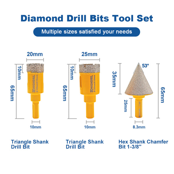 HIGHDRIL Diamond Core Bits Triangle Shanks 3pcs/set 20/25mm Drill Bits+Chamfer Bit for Granite Marble Ceramic Hole Saw