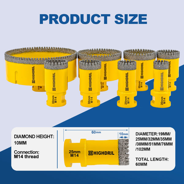 HIGHDRIL Diamond Drill Bit 1pc 20/25/30/32/35/50/68/110MM Granite Marble Ceramic Tile Vacuum Brazed Hole Saw M14 Thread