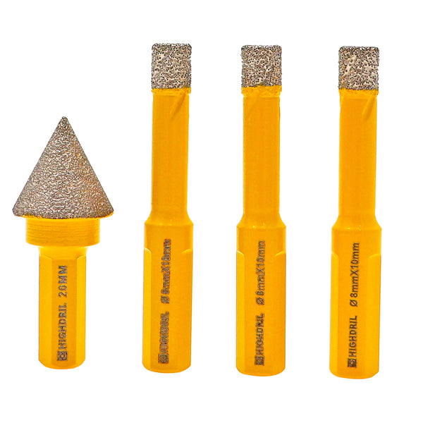 HIGHDRIL Diamond Core Bit 4pcs/box Dia 8/8/8mm+ 20mm Chamfer Bit Porcelain Tile Granite Marble Stone Vacuum Brazing Hole Saw