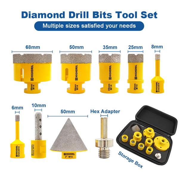 HIGHDRIL Diamond Drilling Bit 9pcs 6/8/25/35/50mm Core Bit+55mm Chamfer+10mm Milling+Adapter Porcelain Granite Marble Hole Saw M14