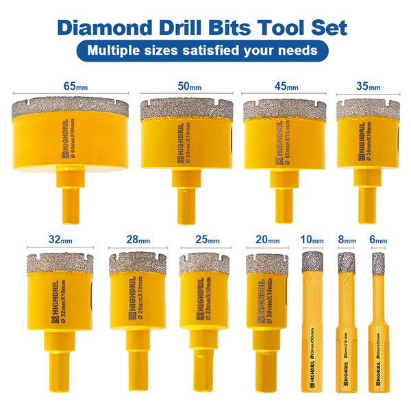 HIGHDRIL Diamond Drilling Core Bits 11pcs/set 6-65mm Granite Marble Ceramic Tile Hole Saw Triangle Shank