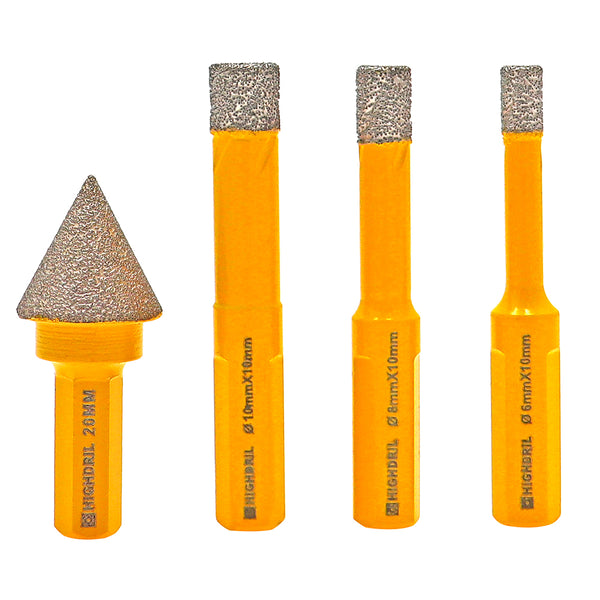 HIGHDRIL Diamond Core Bit Vacuum Brazing 4pcs/box Dia 6/8/10mm+20mm Chamfer Bit Porcelain Tile Granite Marble Hole Saw