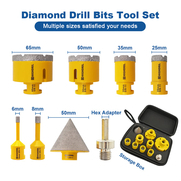 HIGHDRIL Diamond Drill Bits 10pcs/set Core Bit+50mm Chamfer+20mm Milling+Adapter Granite Marble Porcelain Tile 5/8-11 Thread