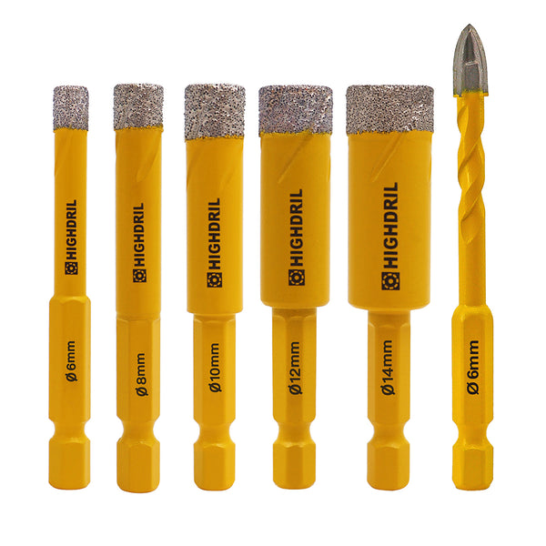 HIGHDRIL Diamond Vacuum Brazed Quick-fit Shank Drill Bits for Granite Marble Masonry Hard Plastic 6/8/10/12/14mm