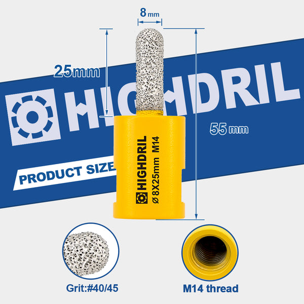 HIGHDRIL 8mm Vacuum Brazed Diamond Milling Bits with 5/8-11 or M14 Thread for Porcelain Ceramic Marble Granite