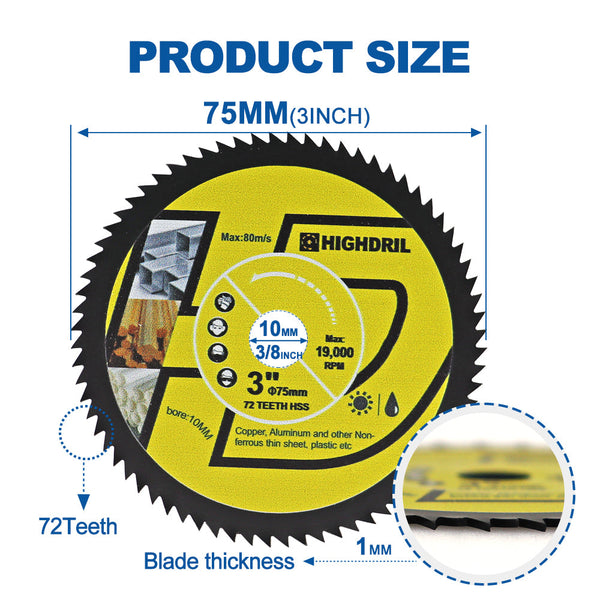 HIGHDRIL High Speed Metal Saw Blades for Copper Aluminum Metal Wood Plastic Dia 3"/75mm