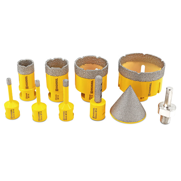 HIGHDRIL Diamond Drilling Bit 9pcs 6/8/25/35/50mm Core Bit+55mm Chamfer+10mm Milling+Adapter Porcelain Granite Marble Hole Saw M14