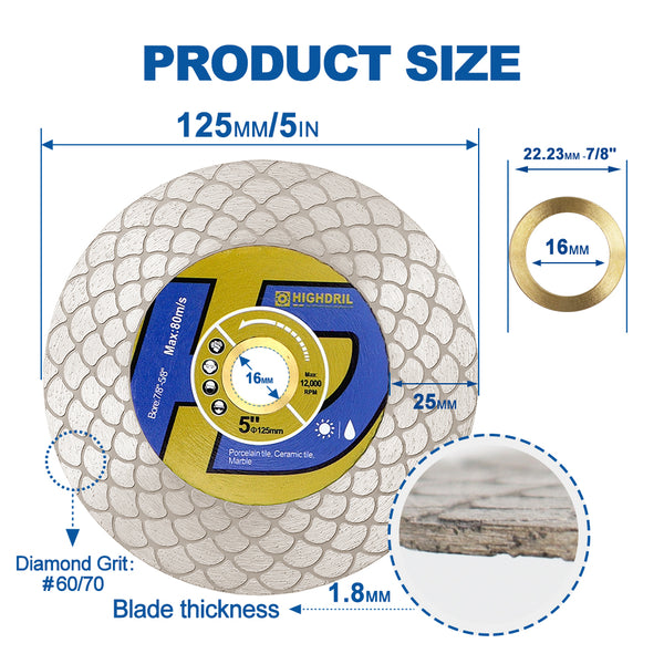 HIGHDRIL Diamond Cutting and Grinding Disc Double Sided Fan Shaped 1/2pcs 115/125mm Ceramic Porcelain Marble Stone Saw Blade