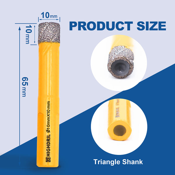 HIGHDRIL Diamond Vacuum Brazed Triangular Shank Drill Bits for Granite Marble Masonry Hard Plastic Glass Ceramic Dia 6/8/10mm