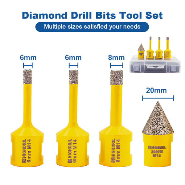 HIGHDRIL Diamond Core Bit 4pcs/set Dia 6/6/8mm Drill Bit+20mm Chamfer Bit Porcelain Granite Marble Stone M14 Thread