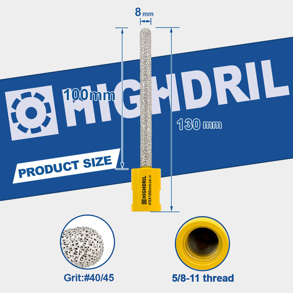 HIGHDRIL 8mm Vacuum Brazed Diamond Milling Bits with 5/8-11 or M14 Thread for Porcelain Ceramic Marble Granite