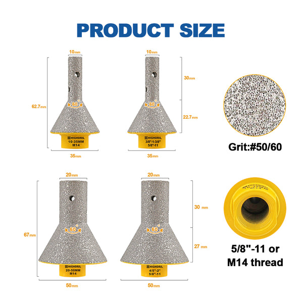 HIGHDRIL Diamond Chamfering Milling Finger Bit 1/2pcs Ceramic Marble Granite Porcelain Vacuum Brazed Hole Saw M14 or 5/8-11