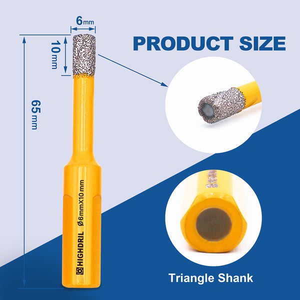 HIGHDRIL Diamond Vacuum Brazed Triangular Shank Drill Bits for Granite Marble Masonry Hard Plastic Glass Ceramic Dia 6/8/10mm