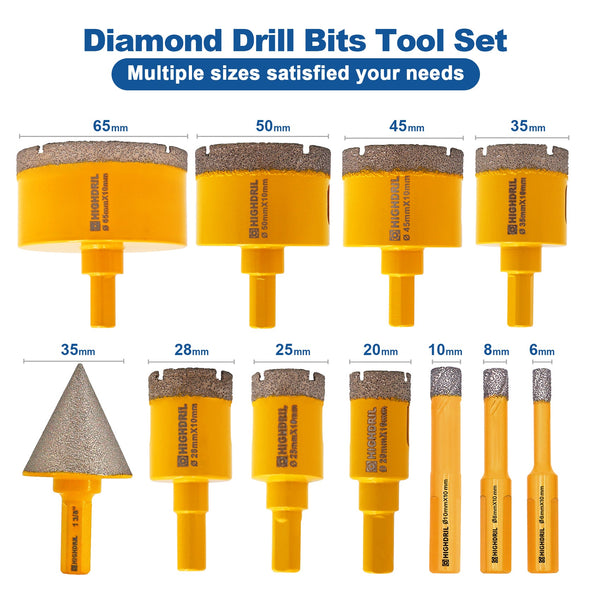 HIGHDRIL Diamond Drill Bits Kit for Drill Core Holes On Granite Marble Masonry 1set/11pcs