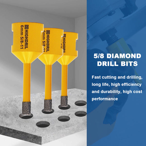 HIGHDRIL  Diamond Drill Bit Vacuum Brazed 1set/4pcs Dia 6/6/8mm Core Bits+Hex Adapter for Granite Marble Porcelain Tile 5/8"-11 Thread Hole Saw