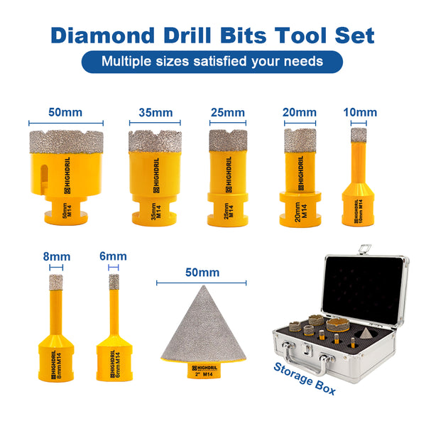 HIGHDRIL Diamond Drill Bits 8pcs/Box 6/8/10/20/25/35/50mm Core Bit+2" Chamfer Bit Porcelain Granite Marble Hole Saw M14 Thread