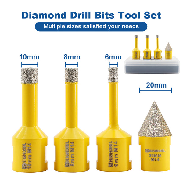 HIGHDRIL Diamond Core Bit 4pcs/set Dia 6/8/10mm Drill Bit+20mm Chamfer Bit Marble Stone Porcelain Granite M14 Thread