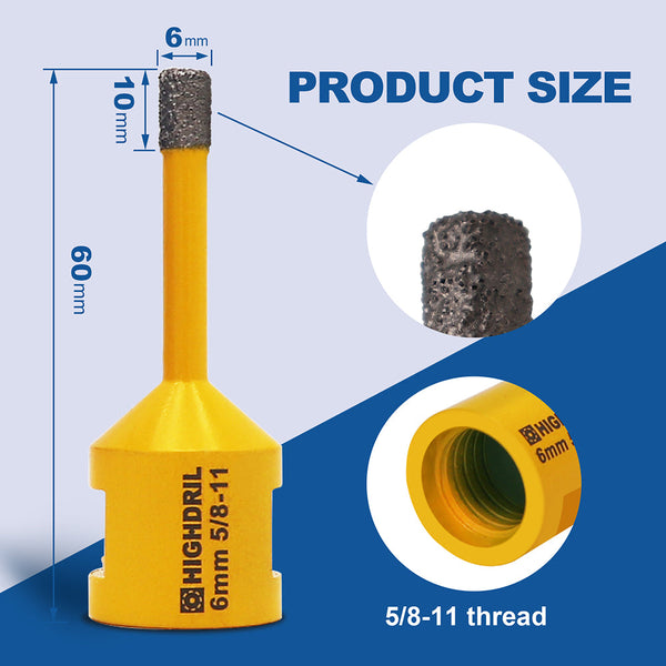 HIGHDRIL Diamond Vacuum Brazed Drilling Bits with 5/8-11 thread for Porcelain Tile Granite Marble Dia 6-152mm