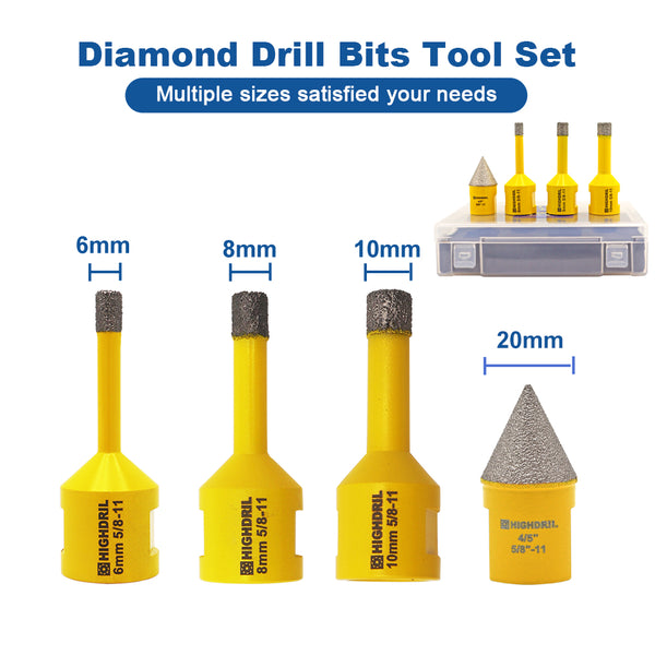 HIGHDRIL Diamond Drill Core Bits 4pcs/box Dia 6/8/10mm+ 20mm Chamfer Bit for Marble Granite  Porcelain Tile  Vacuum Brazed Hole Saw 5/8-11" Thread