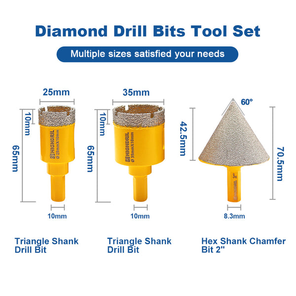 HIGHDRIL Diamond Core Bits 3pcs/set 25/25mm Core Bit Triangle Shank+35mm Chamfer Hex Shank Ceramic Granite Marble