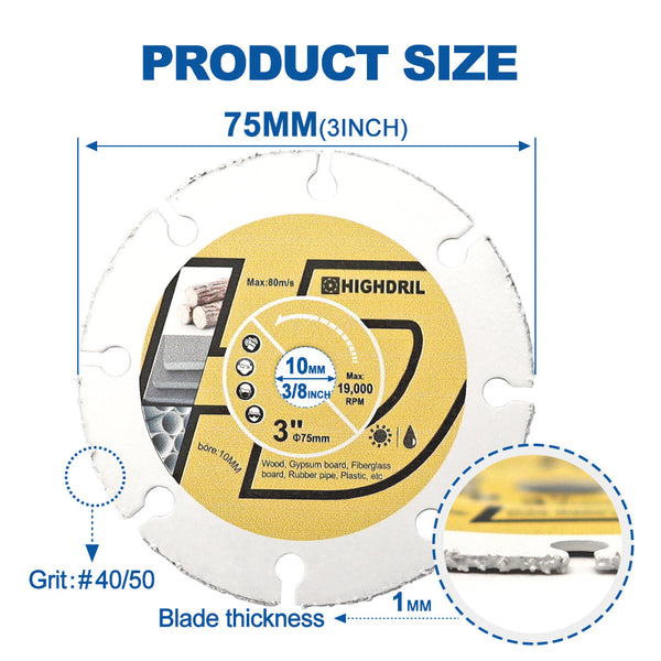 HIGHDRIL Vacuum Brazed Carbide Cut-Off Wheel Blade for Wood Board Gypsum Board Rubber Pipe Plastic Dia 2"/3''