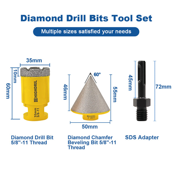 HIGHDRIL Diamond Drill Bit 3pcs/set 35mm Core Bit +50mm Chamfer+SDS Adapter Porcelain Tile Granite Marble Hole Saw 5/8-11